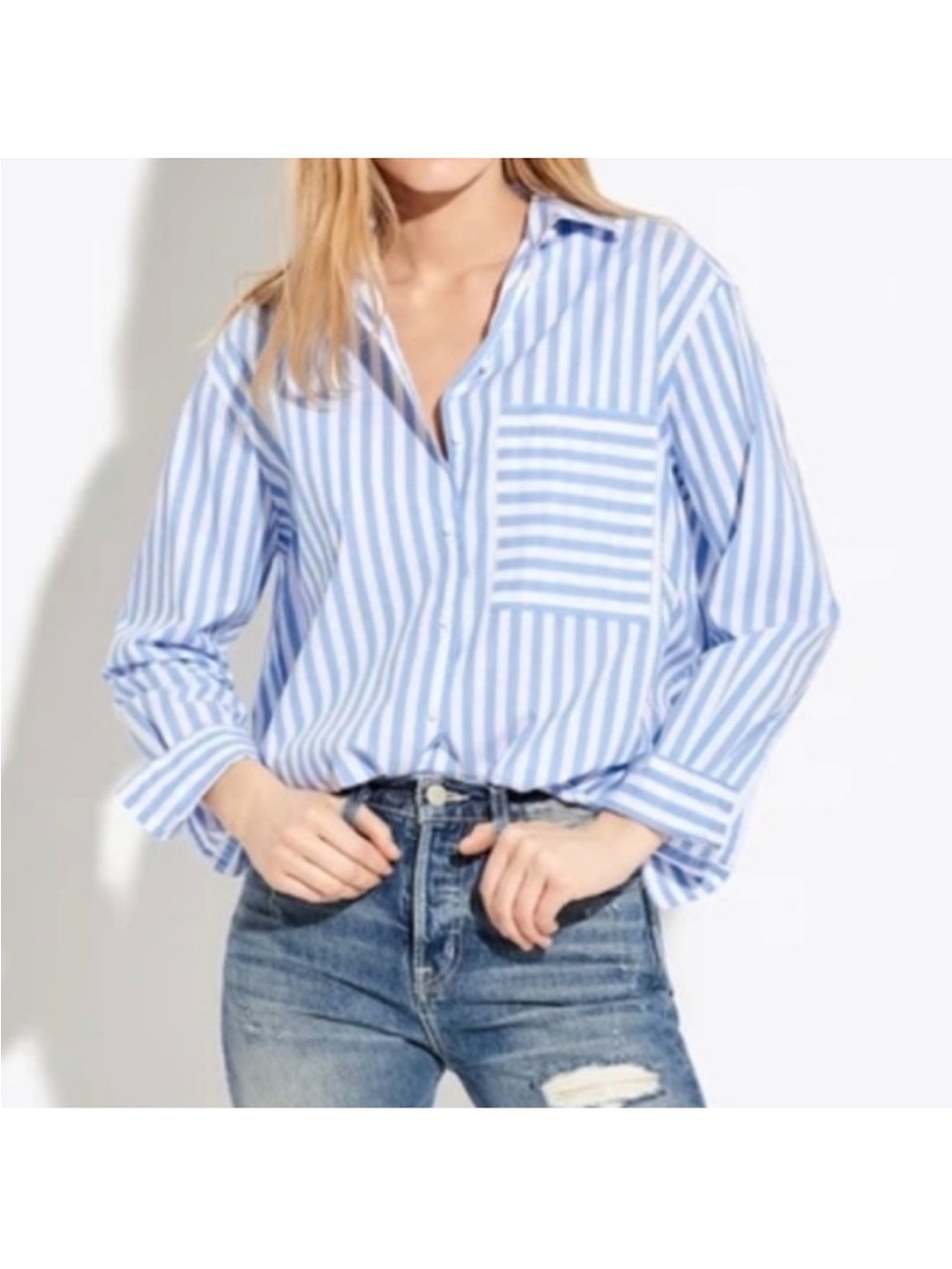 AYR The Deep End Button Down Shirt Blue Striped Pocket Sz M